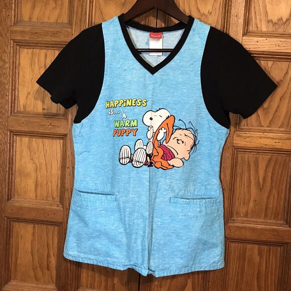 Peanuts Scrub Top Charley Snoopy Dog XS V-Neck Medical Vet Black Teal 2 Pockets - Picture 1 of 8